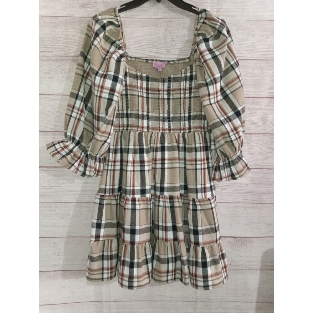 Francesca’s Miami Dress Women's Size Small Square Neck Ruffle Plaid Brown Min - Picture 4 of 5